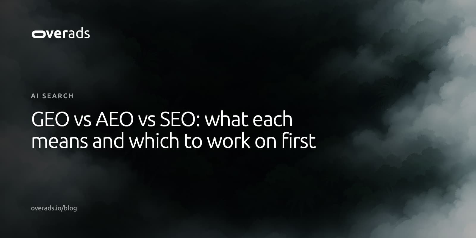 Title card on a dark, misty photograph: the overads wordmark, the label AI search, and the headline GEO vs AEO vs SEO: what each means and which to work on first