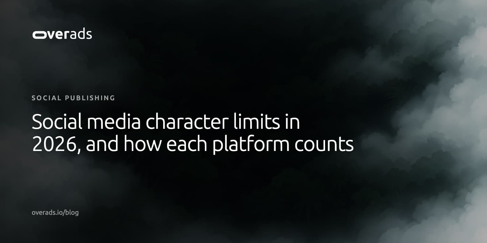 Title card on a dark, misty photograph: the overads wordmark, the label Social publishing, and the headline Social media character limits in 2026, and how each platform counts